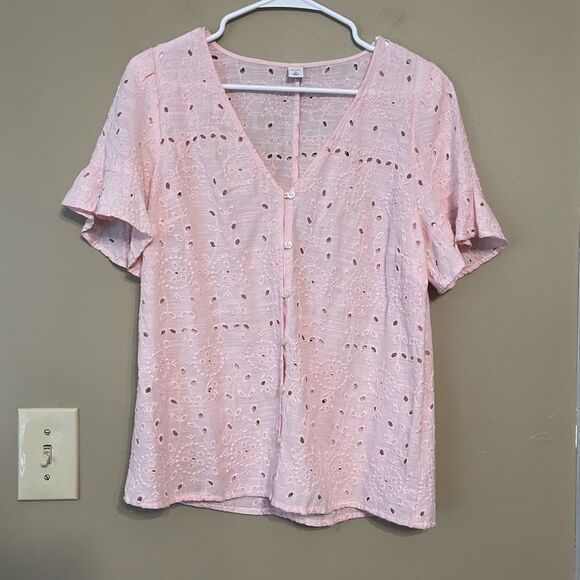 Old Navy Womens Pink Eyelet Cotton Blend Button Up Short Flutter Sleeve Medium - Picture 1 of 9